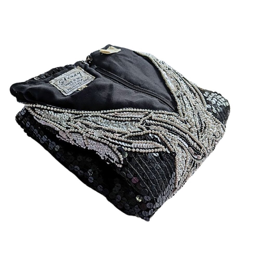 Vtg 80s STENAY 100% Silk Black & White Beaded Scallop Evening Top SzXL - Picture 5 of 5